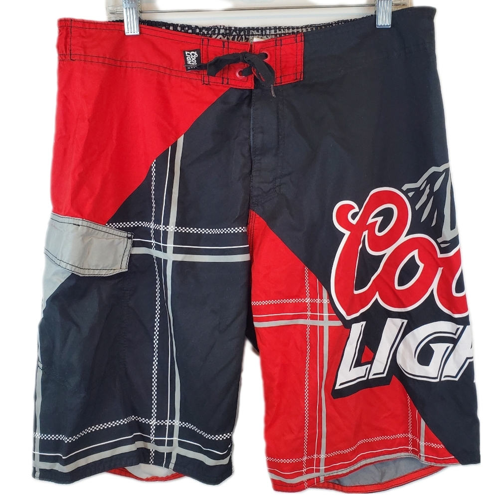Coors Light Beer Cargo Board Shorts Swim Trunks 36 Plaid Summer Surfing Beach
